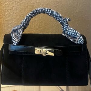 Black Suede Top-Handle Bag with Patterned Handle Wrap